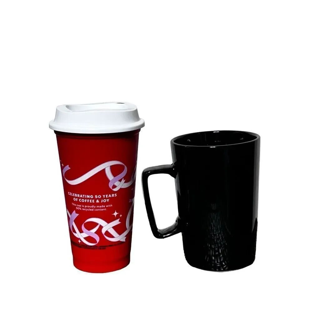 Starbucks 2020 Black 15oz Ceramic Coffee Mug with 2013 Red Holiday Cup